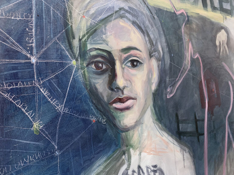 Detail of a large oil painting showing a face. Face is serious and eyes are staring straight. Lines and illegible words connect to head.